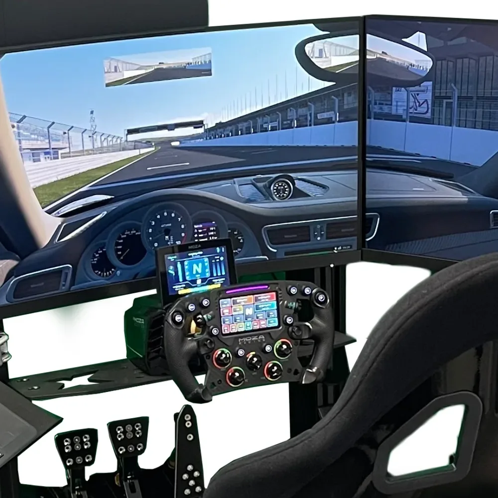 Triple screen racing simulator rig with direct drive wheel and pedals