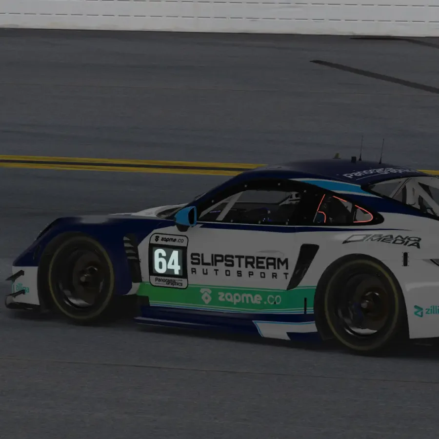 Slipstream Autosport sim racing car on track during an endurance event