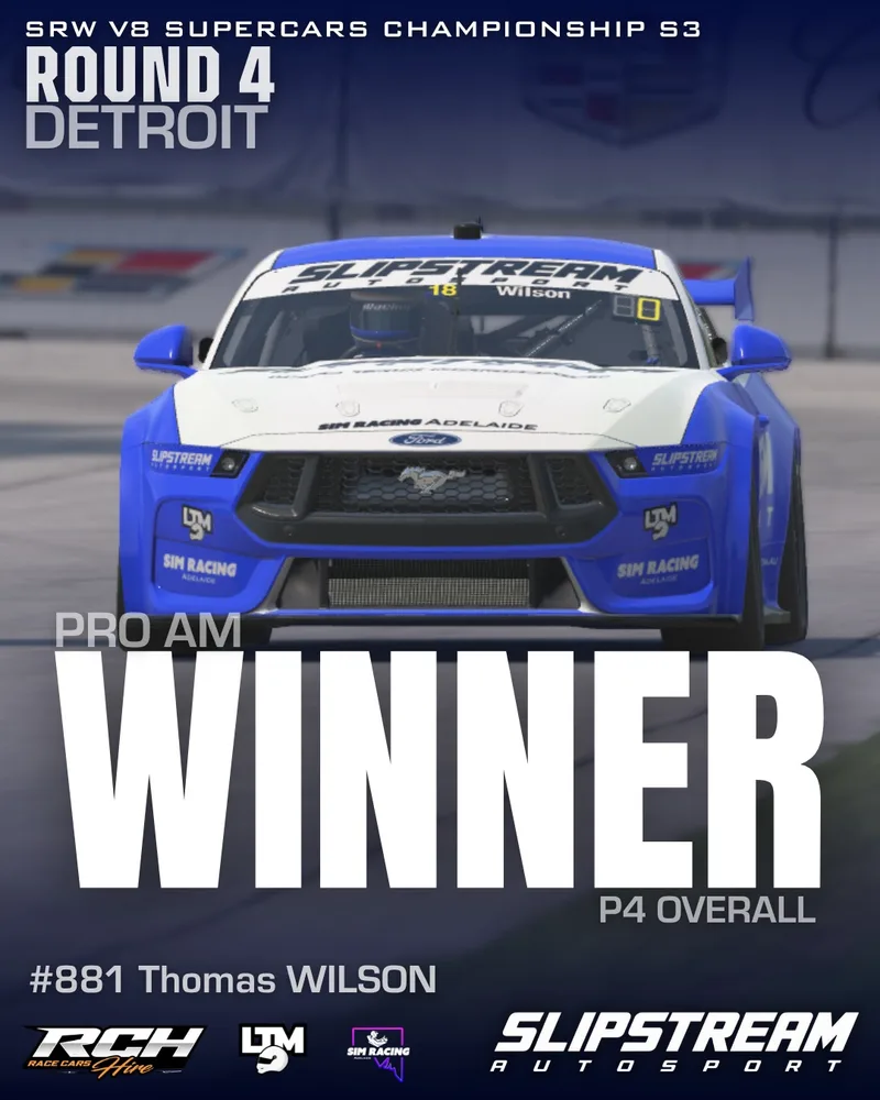 Race result graphic, Detroit round four Pro-Am win
